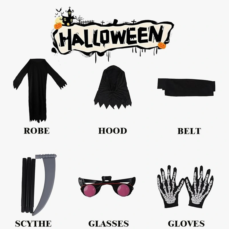 Costume de jeu de rôle Grim Reaper pour enfants avec faux en plastique